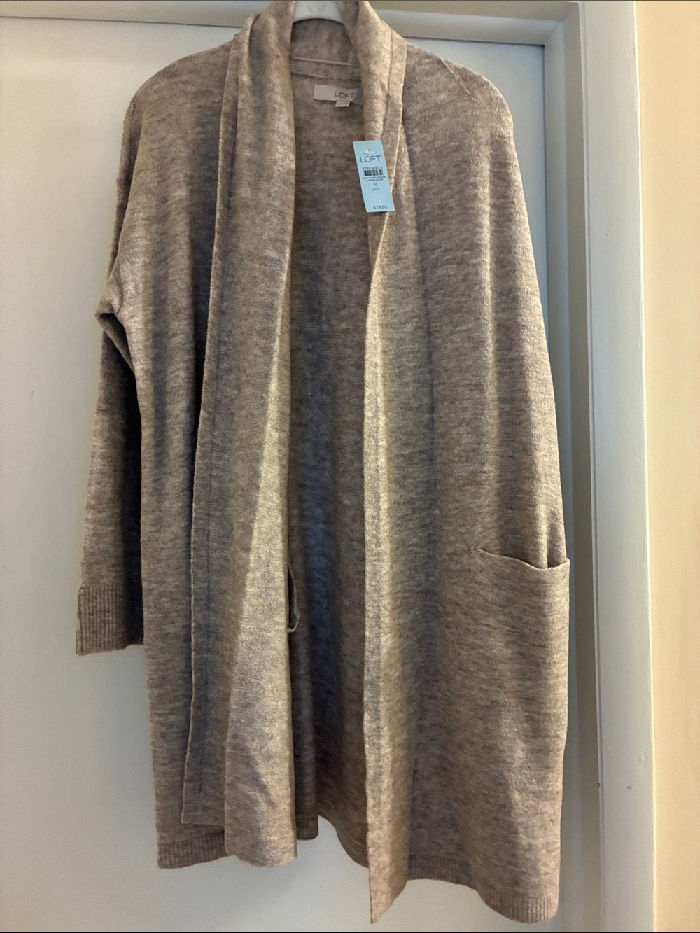 LOFT Taupe Open-Front Long Cardigan with Pockets